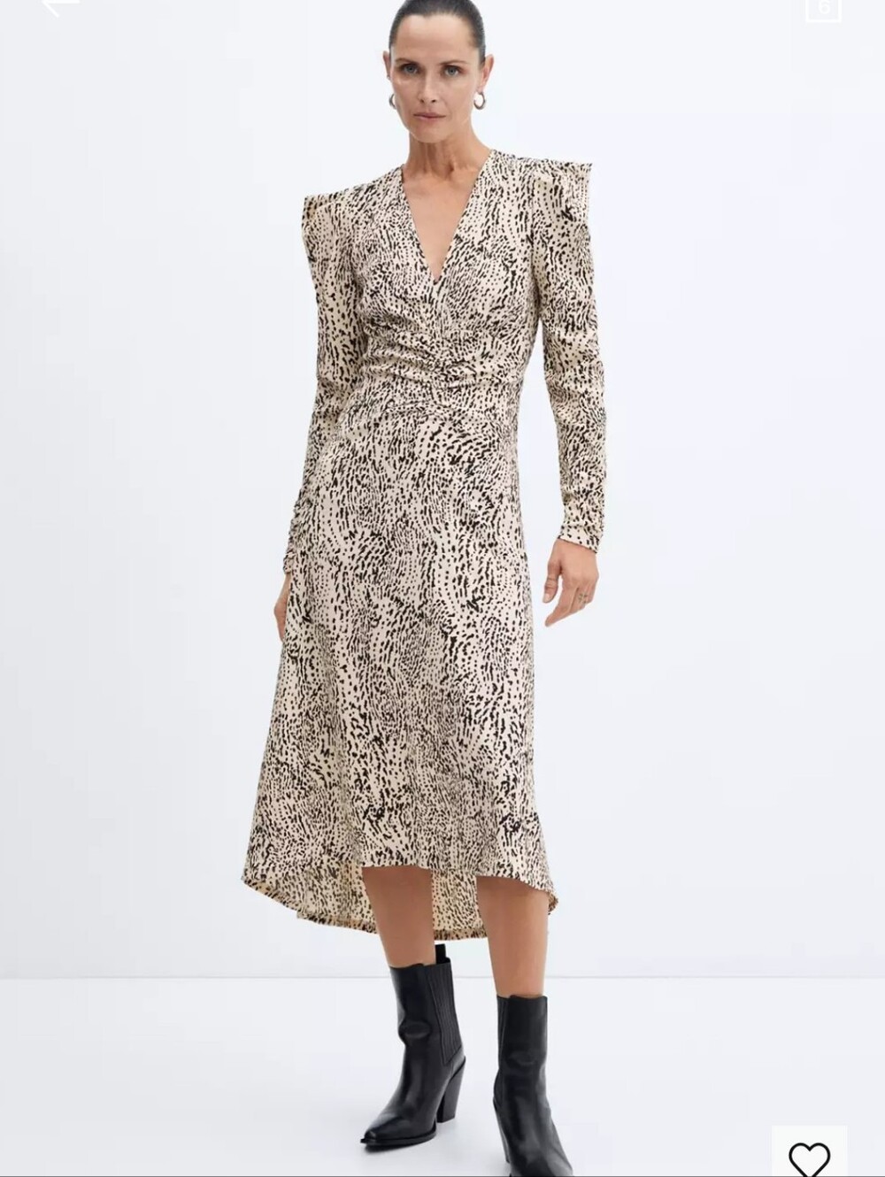 EUC Mango- V-Neck Long Sleeve Print Midi Dress - Tan/Black- Sz M
